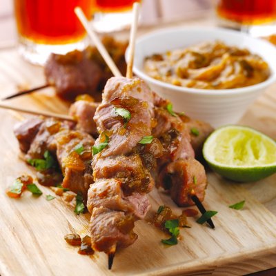 Pork satay skewers with green chilli jam