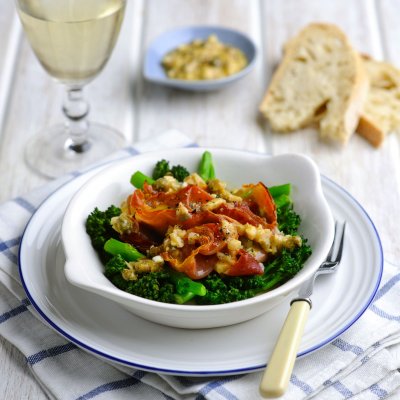 Tenderstem & crispy proscuitto with a creamy shallot & caper dressing