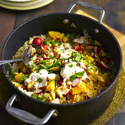 Radish & butternut pilaf with almonds & Greek yogurt