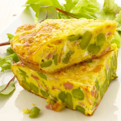 Broad bean, gruyere & bacon omelette