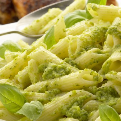 Pasta salad with broad bean pesto