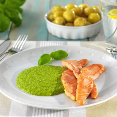 Salmon with pea & basil sauce
