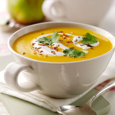 Spiced carrot, Bramley apple & lentil soup