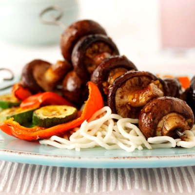 Sticky spiced mushroom skewers