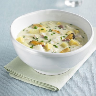 Edam, haddock, mussel & bacon chowder