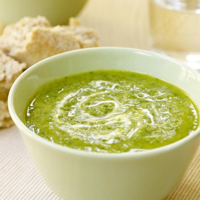 Pea shoot & smoked bacon soup