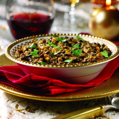 Slow-cooked black lentils