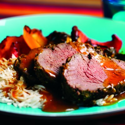 Fiery beef fillet with roasted vegetables