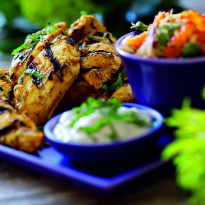 Chettinad chicken bites with red pepper salsa