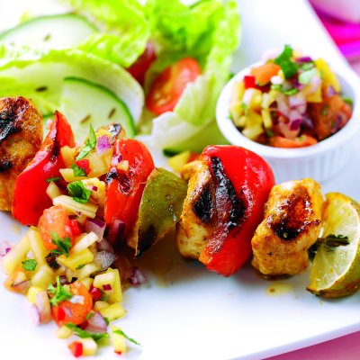 Chicken rogan josh kebabs with a spicy mango salsa