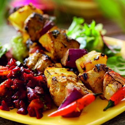 Goan pork kebabs with beetroot salsa
