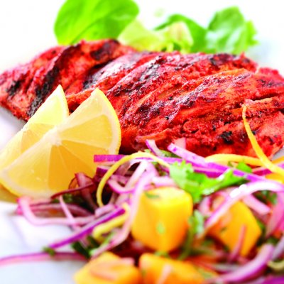 Seared tandoori chicken breast with mango, lemon, red onion & ginger relish