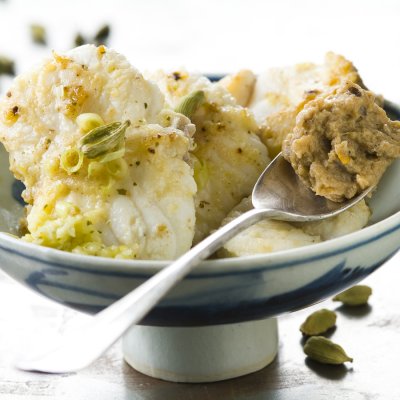 Lemongrass & cardamom monkfish with aubergine caviar