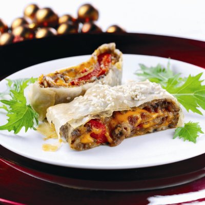 Chestnut roasted red pepper & Red Leicester strudel